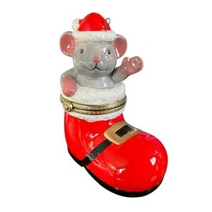 Vintage Christmas Mouse Ornament Santa Boot Trinket Box Holiday Decor Whimsical